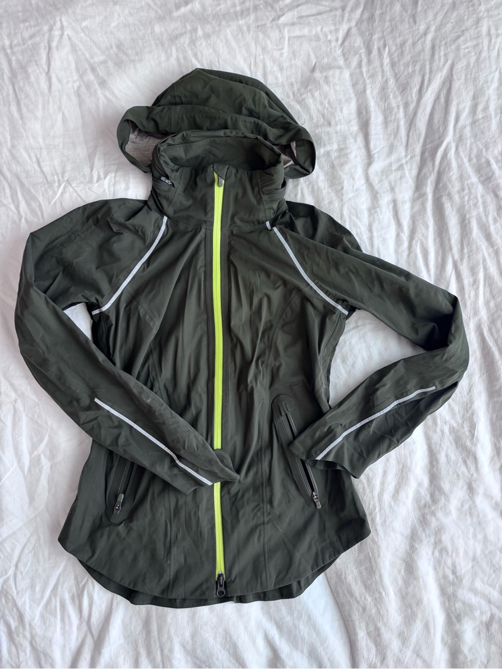 Athleta Olive Green Hooded Shell Jacket with Neon Yellow Zipper